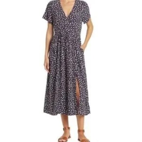Madewell Women's Faux Wrap V Neck Floral Midi Dress Size Large - Picture 1 of 5